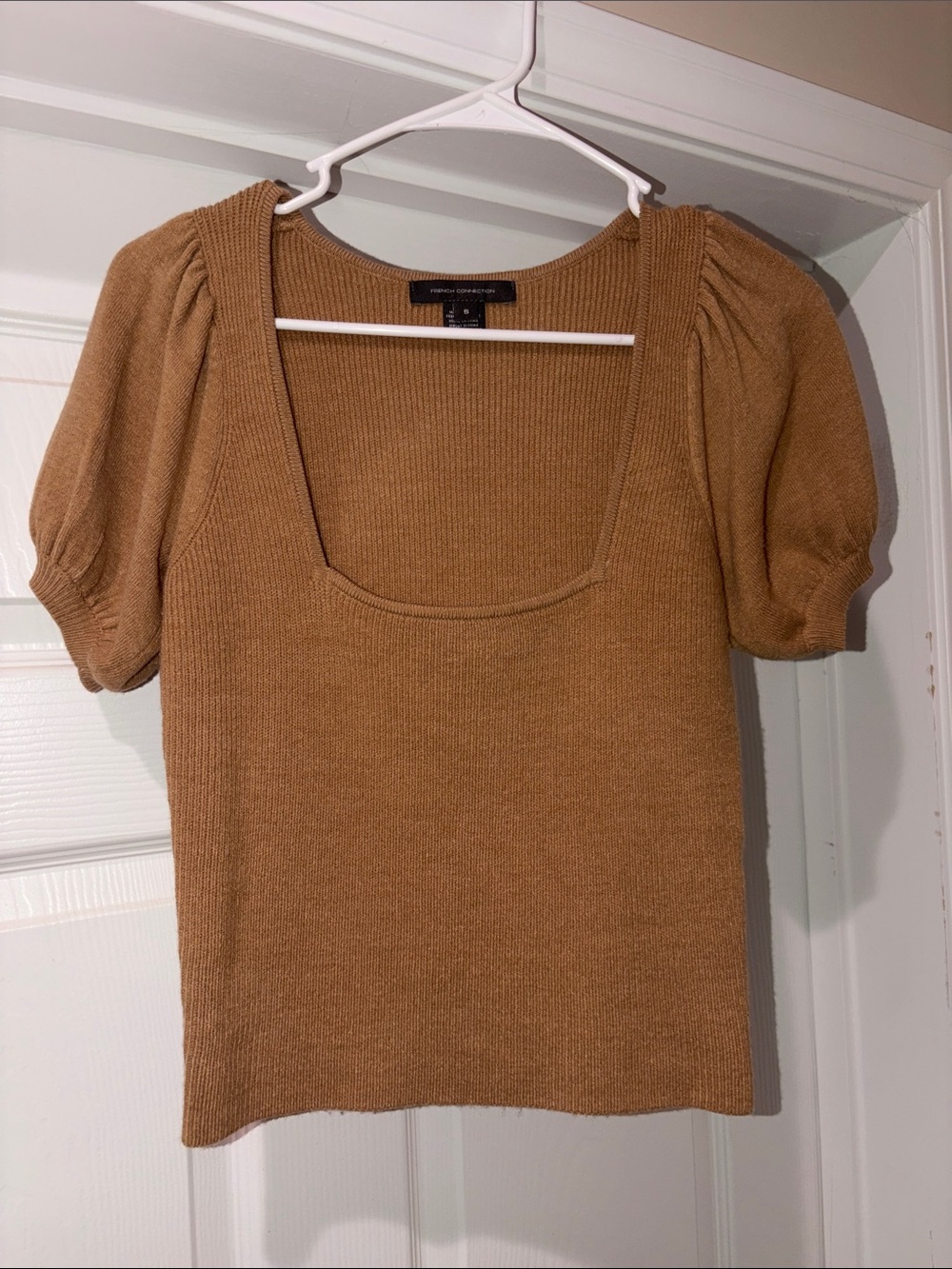 French Connection Puff Sleeve Square Neck Top - Camel Size Small